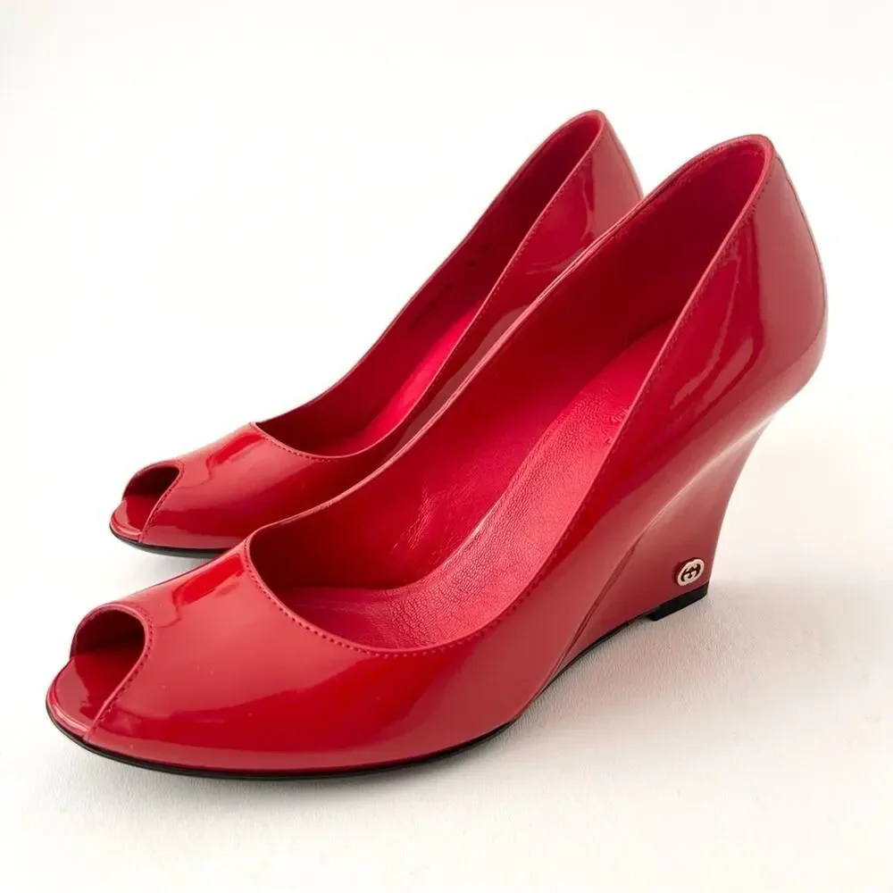 GUCCI | Red Patent Leather GG Logo Peep Toe Wedge Pumps Heels US 6